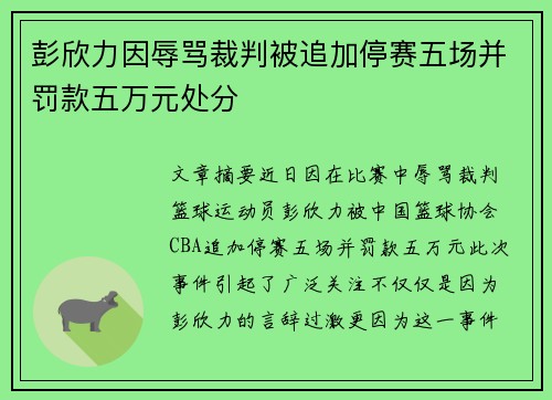 彭欣力因辱骂裁判被追加停赛五场并罚款五万元处分