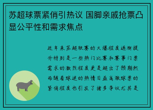 苏超球票紧俏引热议 国脚亲戚抢票凸显公平性和需求焦点