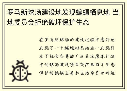 罗马新球场建设地发现蝙蝠栖息地 当地委员会拒绝破坏保护生态