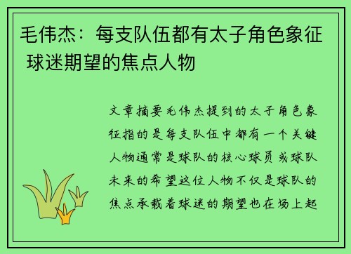 毛伟杰：每支队伍都有太子角色象征 球迷期望的焦点人物